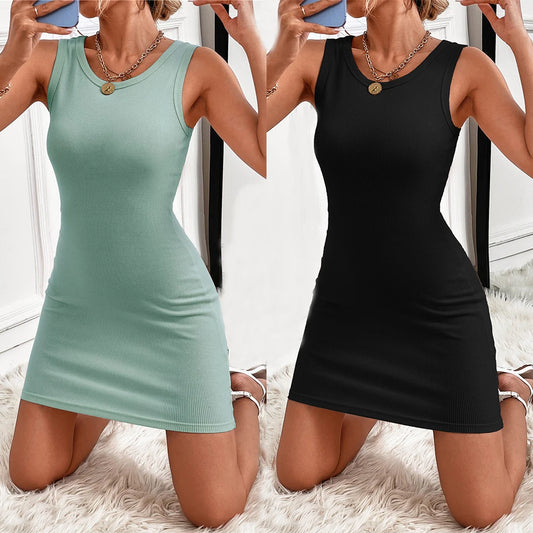 Summer Solid Bodycon Mini Dress Women Sleeveless Basic Tight Hip